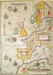 Az általános gondozás és leírás Európa tengeri partjairól és a navigációról ebben a könyvben (kézzel színezett gravírozás)
