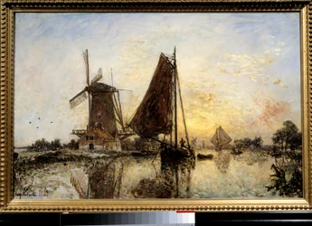 Holland táj, csónakok a malom közelében Jean Barthold Jongkind (1819-1891) festménye 1868 V. 0,52x0,81 m Párizs, Musee d
