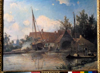 Jean Barthold Jongkind (1819-1891) festménye, holland táj nagy csónakkal, 1857 V. 0,42x0,56 m