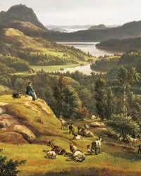 Kilátás a Bergen melletti Lyseklosterre, Norvégia, 19. század, részletek