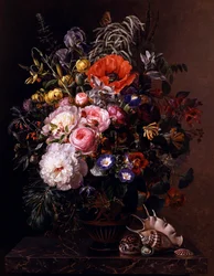 Pipacs, bazsarózsa, rózsa és naspolya görög vázában. Johan Laurentz Jensen (1800-1856) festménye Magángyűjtemény.