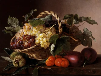 Csendélet padlizsánból, paradicsomból, gesztenyéből és szőlőből. Johan Laurentz Jensen (1800-1856) festménye Magángyűjtemény.