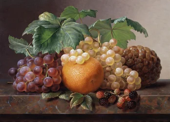 Csendélet szőlőből, szederből, narancsból és ananászból. Johan Laurentz Jensen (1800-1856) festménye Magángyűjtemény.