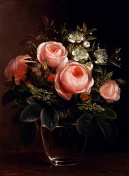 Rózsa és fa anemone egy üvegvázában. Peinture de Johan Laurentz Jensen (1800-1856 dán) Collection privee