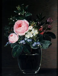 Rózsák és nefelejcsek üvegvázában. Johan Laurentz Jensen (1800-1856) festménye Magángyűjtemény.