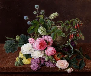 Moha rózsák, bazsarózsák és dupla tremieres rózsák lila kommelinesekkel. Johan Laurentz Jensen (1800-1856) festménye Magángyűjtemény.