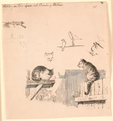 A két macska. F.o. macskafej-, madár-, macskafül- és gerendamunkák tanulmányozása. Illusztráció Kaalund "Fables for Children" című művéhez. Lásd a lapkatalógus megjegyzését.