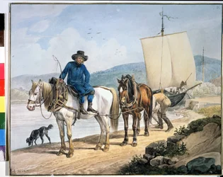 ""Ló és szekér a folyónál"". Lovak a folyó mentén, csónakot vontatva, vagy áruk kirakodására használt vontatóúton." Johann Adam Klein (1792-1875) festménye