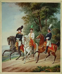 A három uralkodó lóháton: Ferenc császár, I. Sándor cár, III. Friedrich Wilhelm király.