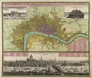 London térképe és kilátása, 1710 körül (kézzel színezett metszet)
