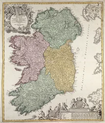 Írország térképe Ulster, Munster, Connaught és Leinster tartományokkal, Johann B. Homann műve, 1730 körül