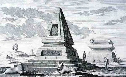 Szotisz egyiptomi király sírját jelző piramisok, amelyeket Héliopolisz romjai között találtak. az "Entwurf einer historischen Architektur"-ból