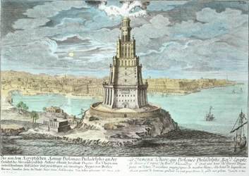 Az alexandriai világítótorony, Nagy Ptolemaiosz építtette (Kr. e. 36-Kr. e. 30 után), Egyiptom, az Entwurf einer historischen Architektur című műből, Johann Adam Delsenbach (1687-1765) metszete, 1721, később színezve