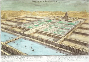 Az ókori Babilon képe a függőkertekkel és a Jupiter Belus templomával, az „Entwurf einer historischen Architektur” 3. táblája, Johann Adam Delsenbach (1687-1765) metszetével, 1721 (engravi)