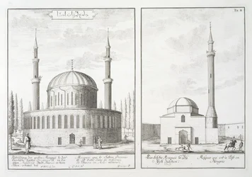 Egy bursai mecset és egy magyarországi mecset látképe, a "Entwurf einer historischen Architektur" című műből, 1721