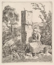 Egy öreg hölgy ül egy oszlop közelében az út szélén, 1819.