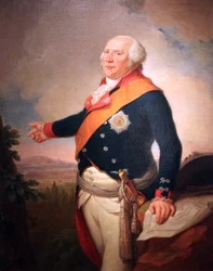 II. Frigyes Vilmos porosz király (1744-1797) portréja a Fekete Sas-rend csillagával, bal keze Frankfurt térképén nyugszik, tájkép a Frankfurt mellett táborozó porosz hadsereggel.