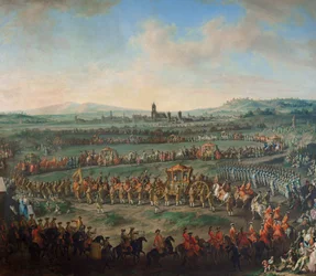 I. Ferenc császár és fia, (II.) József császár bevonulása Frankfurtba 1764. március 29-én.
