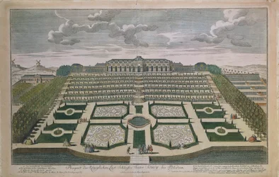 Perspektivikus kilátás a Sanssouci kastélyra, Potsdam, Németország