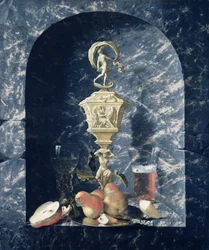Csendélet díszített serleggel, gyümölccsel és poharakkal egy kőfülkében, 1682