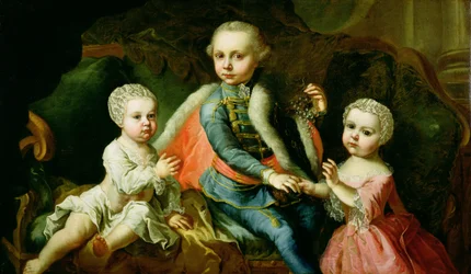 Három gyerek ül egy kanapén, állítólag az Esterházy család tagjai, 1771 (olaj, béleletlen vászon)