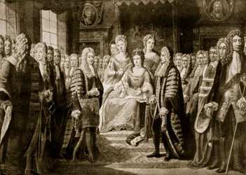 Az unió cikkelyeinek átadása Anna királynőnek, 1706, illusztráció a „Hutchinson története a brit nemzetről” című műből, 1923 körül