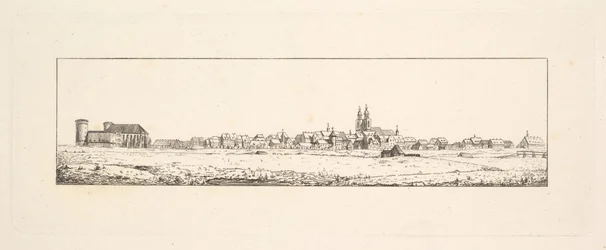 Kilátás egy óvárosra, templommal és magas oromzatú házakkal.n.d.
