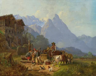 Heinrich Bürkel Hegyi falu szökőkúttal 1845 körül