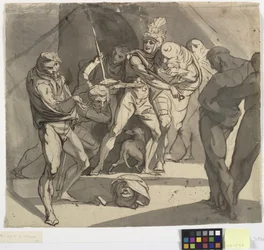 Richard Plantagenet apja lába elé dobja Somerset hercegének levágott fejét. Illusztráció Shakespeare VI. Henrik című művéhez, 3. rész, 1. felvonás, 20. sor