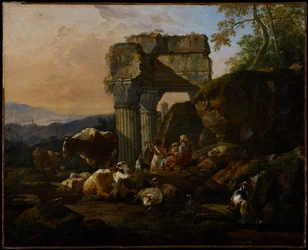 Római táj szarvasmarhákkal és pásztorokkal, 1676