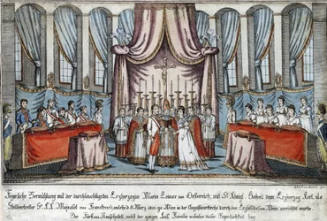 Marie-Louise Bécsben feleségül vette Napóleont, Napóleon helyett Károly főherceg - Loeschenkohl, Johann Hieronymus (1753-1807) - 1810 - Rézkarc, akvarell - 33,4x44,5 - Magángyűjtemény