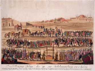 III. Szelim szultán (1761-1808) belépése a szablyához 1789. április 13-án - Loeschenkohl, Johann Hieronymus (1753-1807) - 1789 - Rézkarc, akvarell - 38,6x50,2 - Magángyűjtemény
