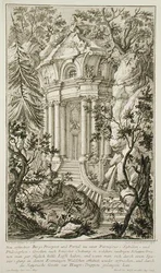 Templom egy kertben, metszet: Jacob Andreas Fridrich (1714-79) (metszet)