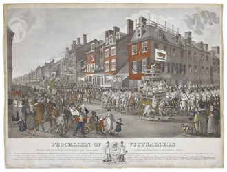 Philadelphiai Victuallerek körmenete, 1821. március 15-én, c. 1821-1822 (rézkarc akvatintával és kézi színezés papírra)