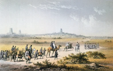 Heinrich Barth (1821-65) karavánjának bejárata Timbuktuba 1853-ban, Barth "Utazások és felfedezések Észak- és Közép-Afrikában" című művéből, Eberhard Emminger (1808-85) metszete, megjelent 1857-ben (színes).