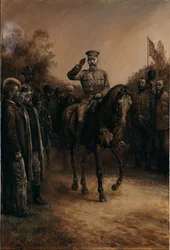Lord Kitchener tábornok tiszteleg, miközben ellovagol a búr vezetők mellett, akik állva leveszik kalapjukat, 1902