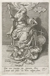 A bölcsesség (Sapientia) legyőzi az emberi zavarodottságot (Caligo Humana) sapientia (cím a tárgyon) Az erények legyőzik a bűnöket (sorozat címe)
