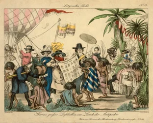 Green hőlégballonja az Antipodesban, 1840 körül (kézzel színezett rézkarc)