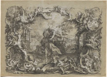 Az angyal, amint Habakukot a hajánál fogva viszi el, körülötte díszes rokokó keret, 1750 körül (tollrajz)