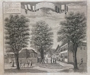 A portugál templom, valamint kínai és európai házak egy bataviai utcában, a Batavia nézetsorozatából, a „Schau-platz von Africa und Ost-Indien” című sorozatból, amelyet Nürnbergben adtak ki 1744-ben.