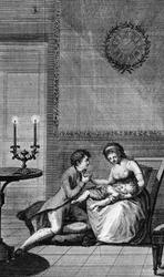 Aurelie-t Wilhelm Meister vigasztalta, illusztráció Wilhelm Meister inasmunkájához, Johann Wolfgang von Goethe (1749-1832) regénye, metszet az 1802-ben megjelent párizsi kiadásból