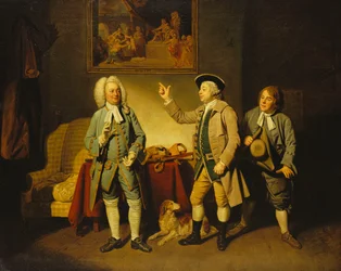 Jelenet Isaac Bickerstaffe „Love in a Village” című művéből, 1. felvonás, 2. jelenet, Edward Shuter Woodcock bíróként, John Beard Hawthornként és John Dunstall Hodge-ként