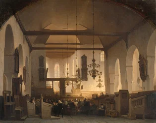 Az utrechti Geertekerk belseje a szent vacsora ünneplésével