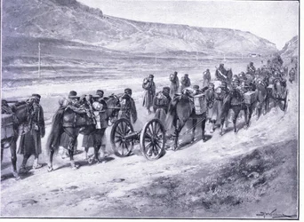 Egy üteg terepágyú úton Ichon felé, illusztráció a Cassells története az orosz-japán háború 1. kötetéből, 1900 körül