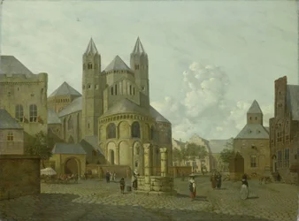 Képzeletbeli városkép román stílusú templommal
