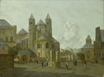 Képzeletbeli városkép román stílusú templommal
