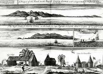 Az út kilátásai a Sierra Liona-öbölben, Awnsham és John Churchill 1732-ben megjelent „Utak és utazások gyűjteménye” című művének 5. kötetének illusztrációja.