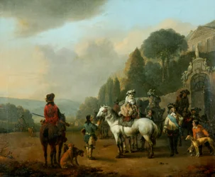 A Party of Falconers outside the Gates of a Chateau (oil on canvas)