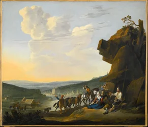 Német: Südliche Landschaft mit Fähre Déli táj egy öbölre néző kilátással, pihenő utazókkal.