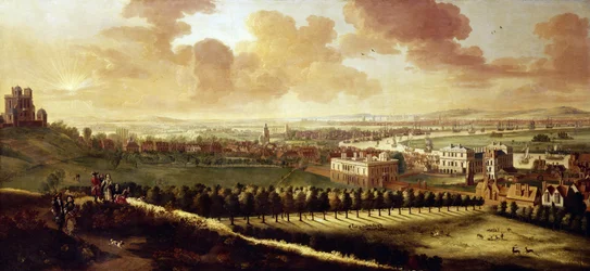 Greenwich és London (Anglia) látképe 1680 körül, balra a Királyi Csillagvizsgáló, középen a királynő háza, a parkban szabadon üvöltő szarvasok.